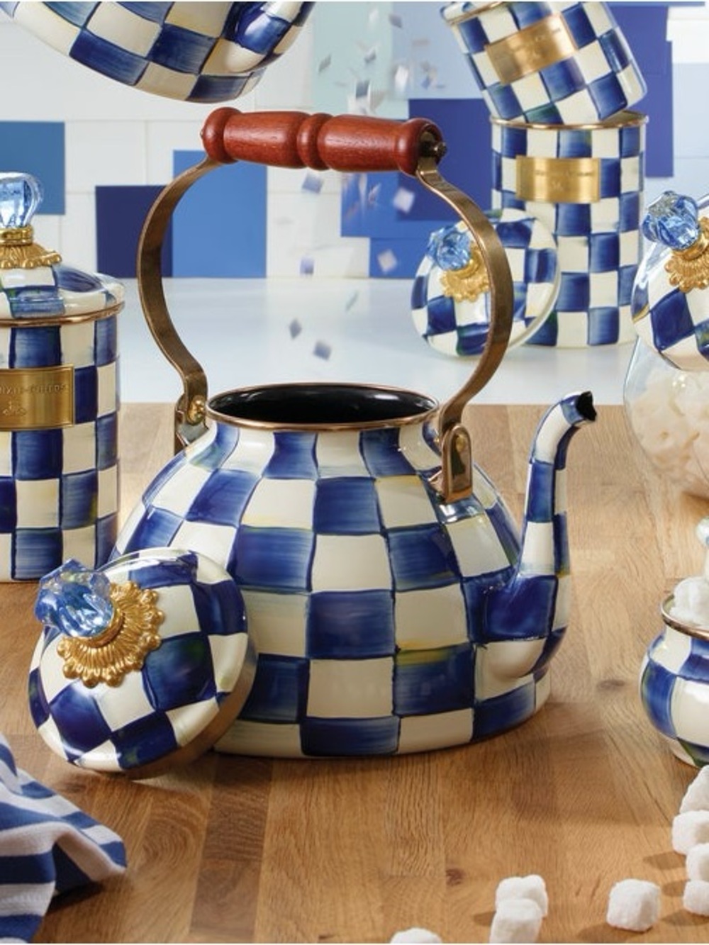MacKenzie-Childs Royal Check 3 Qt Tea Kettle Blue Enamel Glass Knob